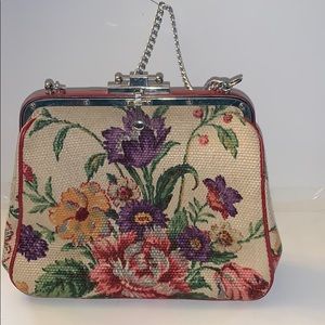 Vintage Floral Needlepoint Handbag in Cream, Purple, Red, Green